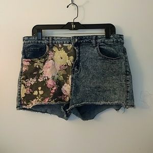 Washed denim floral print shorts